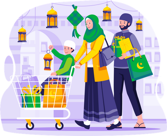 Muslim Family is shopping in the grocery market store  Illustration