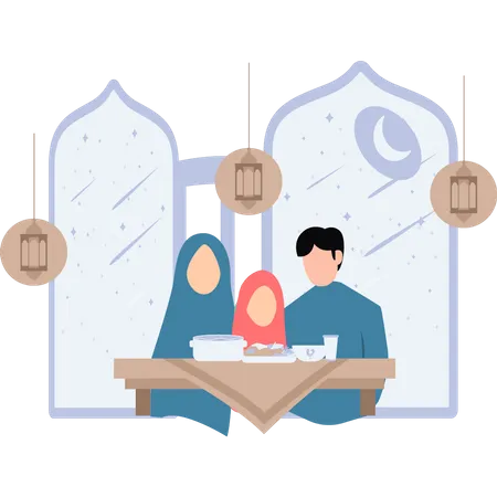 Muslim family is sitting down to eat  Illustration