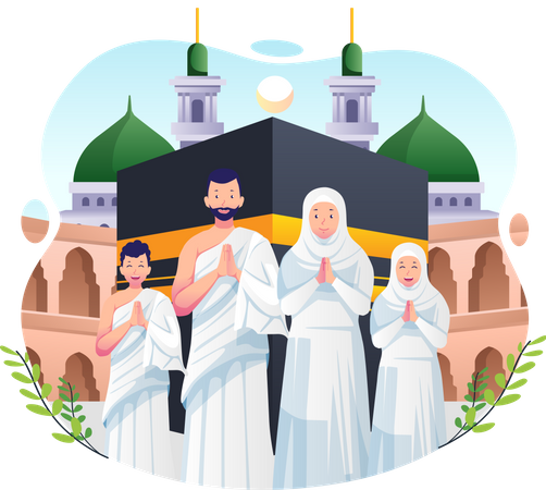 Muslim family performing Umrah Pilgrimage Illustration