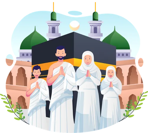 Muslim family performing Umrah Pilgrimage Illustration