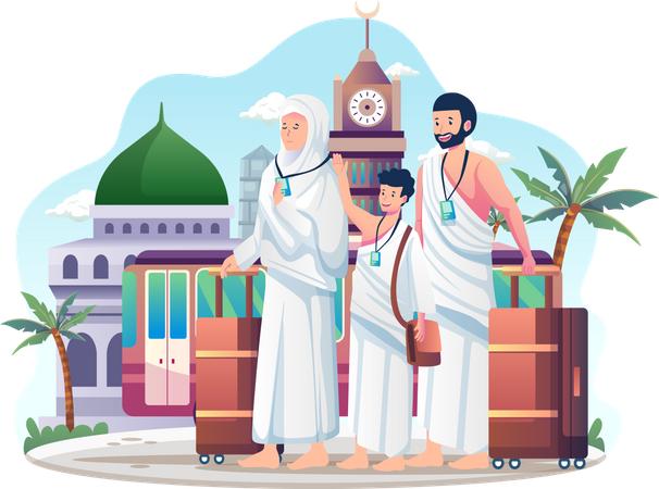 Muslim Family pilgrim arrived in mecca to perform Hajj Illustration