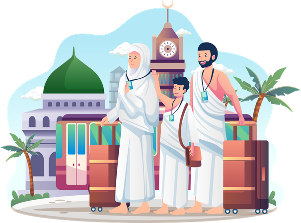 Muslim Family pilgrim arrived in mecca to perform Hajj  Illustration