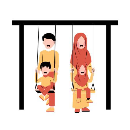 Muslim Family Playing On Swings  Illustration