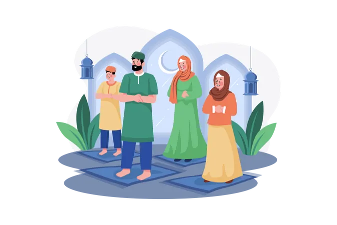 Muslim family pray together Illustration