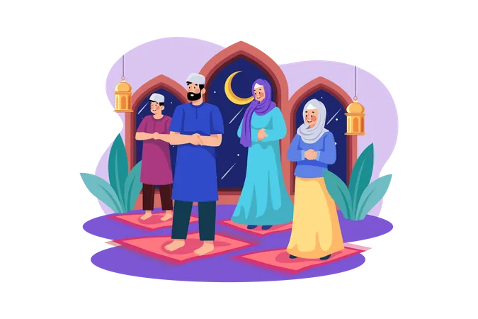 Muslim family pray together  Illustration