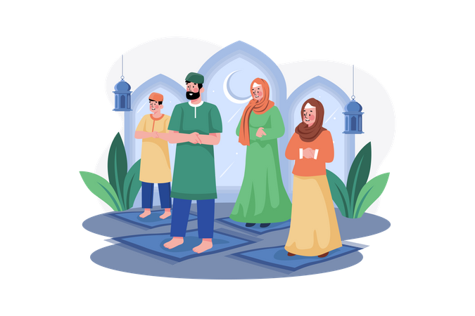 Muslim family pray together  Illustration