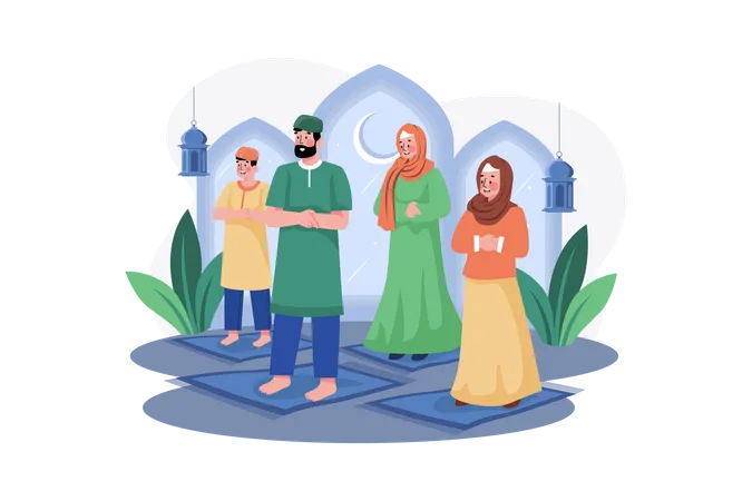 Muslim family pray together  Illustration