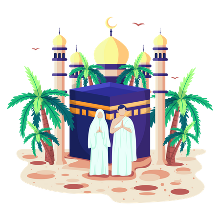 Muslim family praying at a mosque Illustration