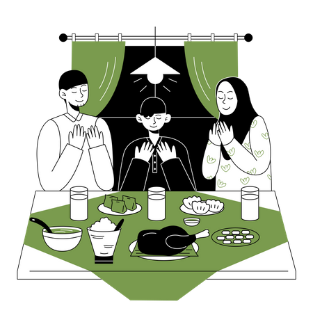 Muslim family praying before eating Illustration