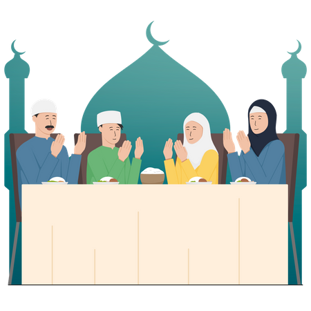 Muslim family praying before eating Illustration