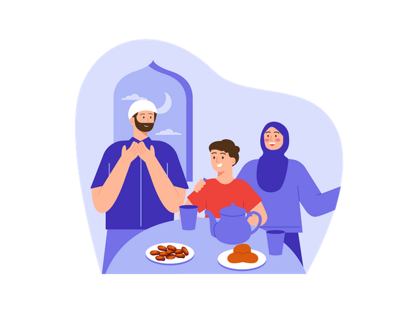 Muslim family praying before eating food  Illustration