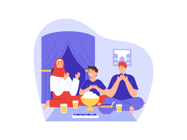 Muslim family praying before eating  Illustration