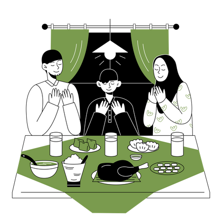 Muslim family praying before eating  Illustration