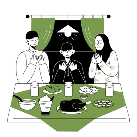 Muslim family praying before eating  Illustration