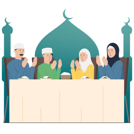 Muslim family praying before eating  Illustration