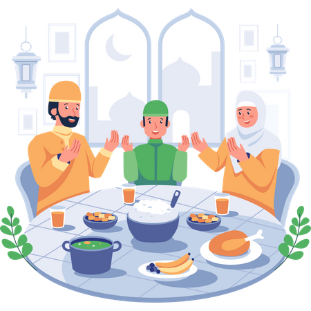 Muslim family praying before eating meal Illustration