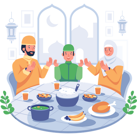 Muslim family praying before eating meal  Illustration