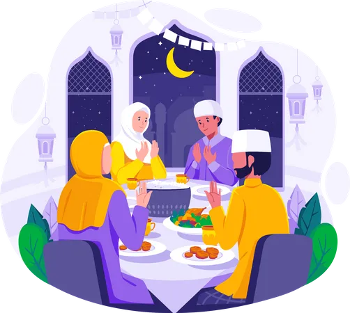 Muslim Family praying before having iftar to break fasting during Ramadan Illustration