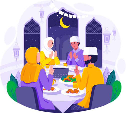 Muslim Family praying before having iftar to break fasting during Ramadan  Illustration