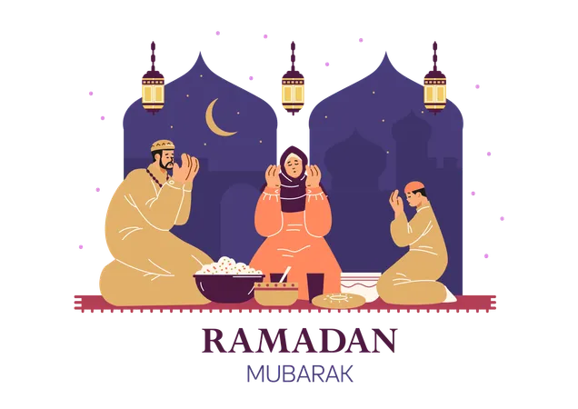 Muslim family praying before iftar  Illustration