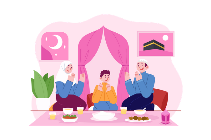 Muslim family praying before Iftar Party Illustration