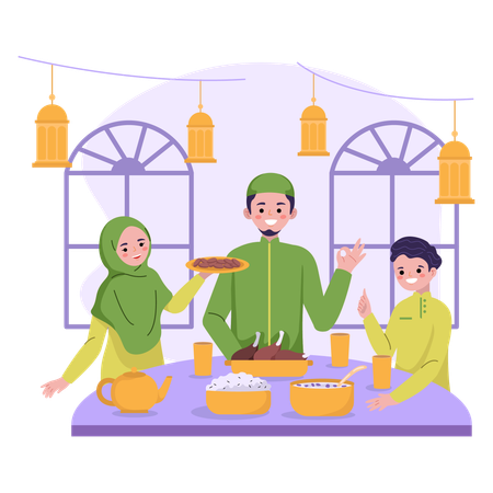 Muslim family praying before Iftar Party  Illustration