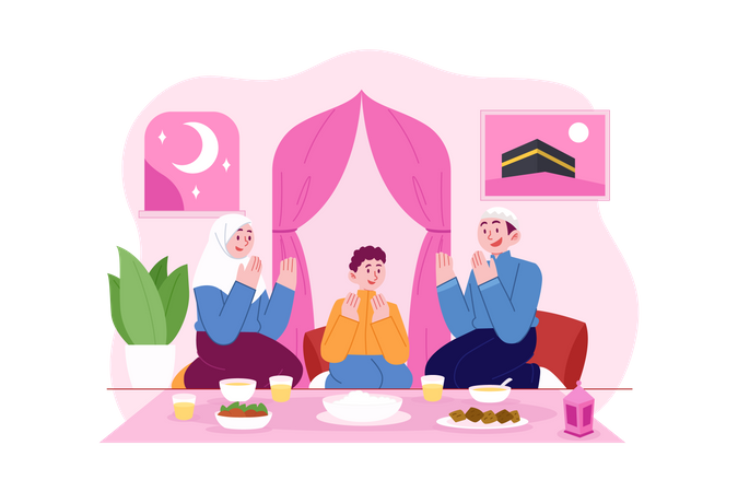 Muslim family praying before Iftar Party  Illustration