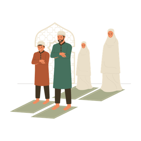 Muslim family praying in congregation  Illustration