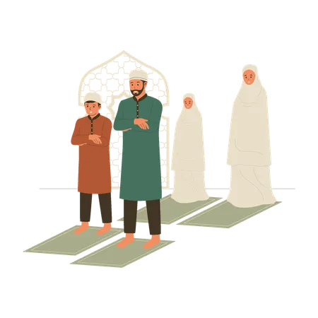 Muslim family praying in congregation  Illustration