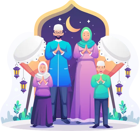 Muslim family praying near beduk Illustration