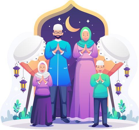 Muslim family praying near beduk  Illustration