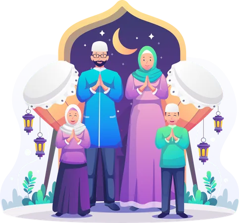 Muslim family praying near beduk  Illustration