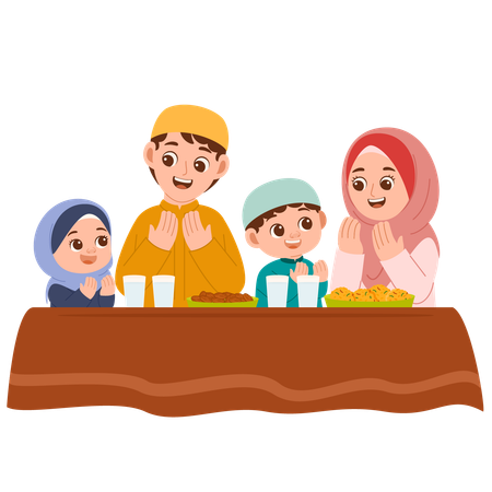 Muslim family prays together before eating  Illustration