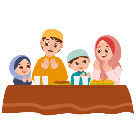 Muslim family prays together before eating  Illustration