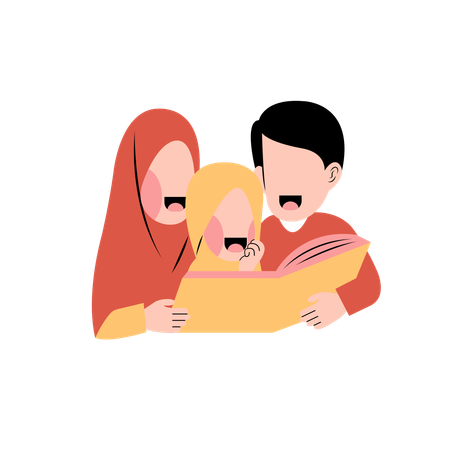 Muslim Family Reading Book Together  Illustration