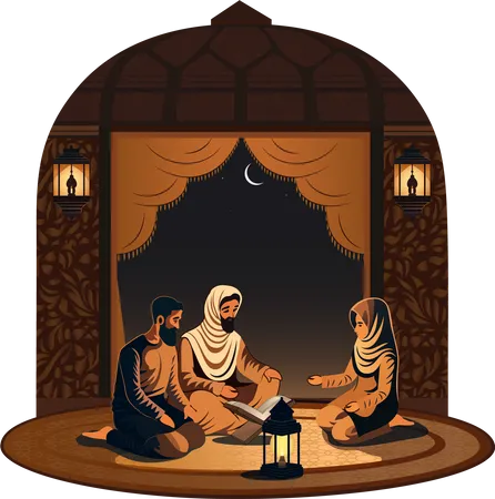 Muslim Family Characters Reading Holy Book With Illuminated Arabic Lamps Night View Ramadan Kareem Concept Illustration