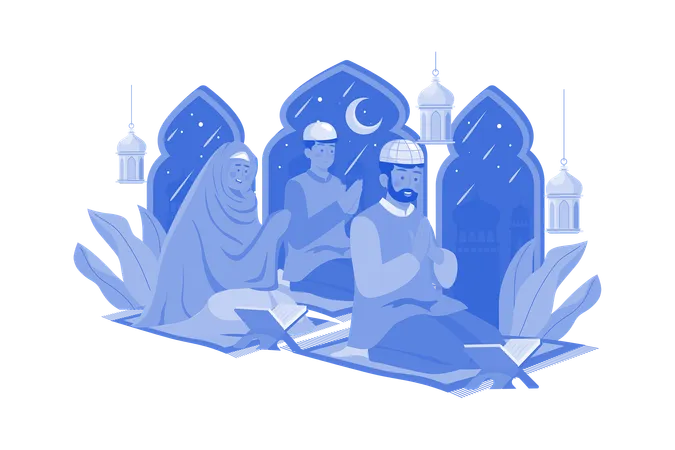 Muslim Family Reading Quran Illustration