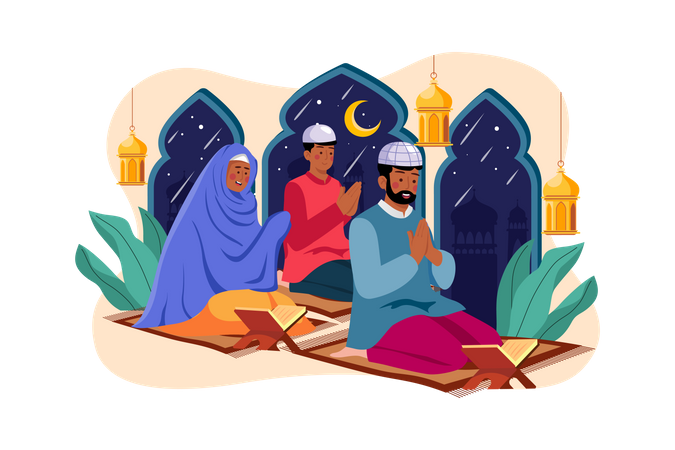 Muslim family reading Quran  Illustration