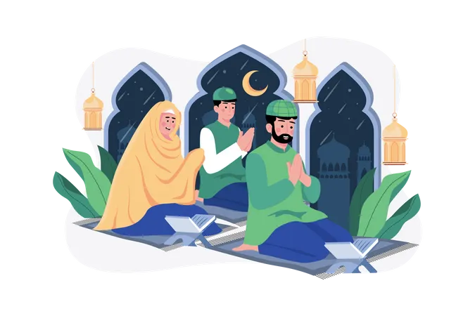 Muslim family reading Quran Illustration