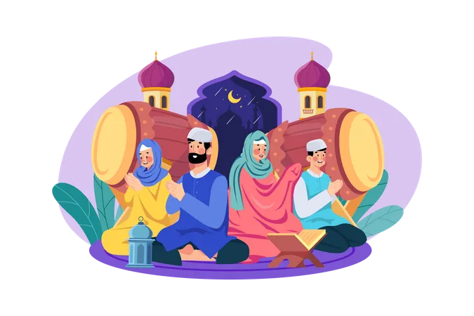 Muslim family reading Quran  Illustration