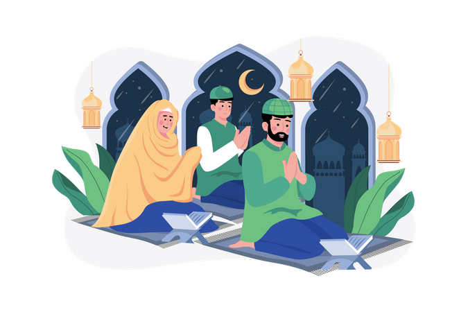 Muslim family reading Quran  Illustration