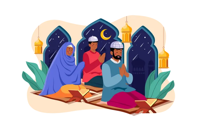 Muslim family reading Quran  Illustration