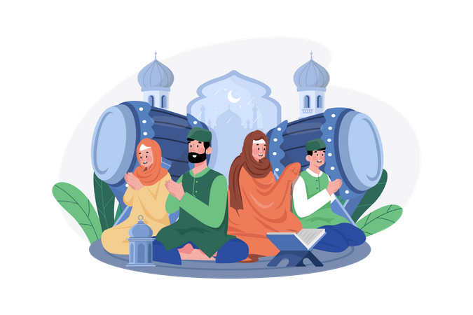 Muslim family reading Quran  Illustration