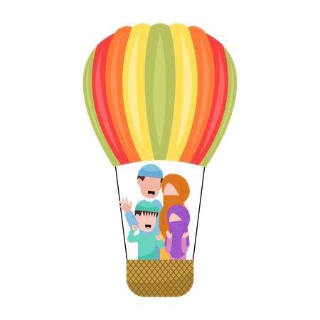 Muslim Family Riding Hot Air Balloon  Illustration