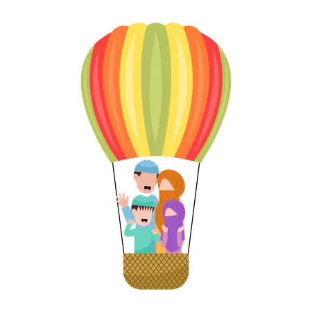 Muslim Family Riding Hot Air Balloon  Illustration