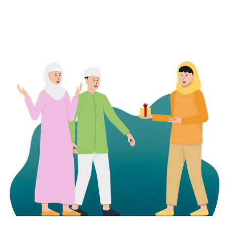 Muslim family sharing gifts on Ramadan  イラスト