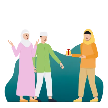 Muslim family sharing gifts on Ramadan  Illustration