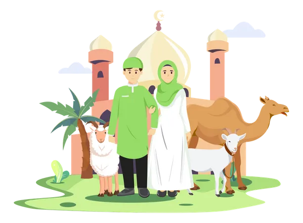 Muslim family standing together  Illustration