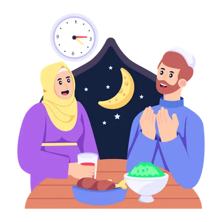 Muslim family taking food on Suhoor Time  イラスト