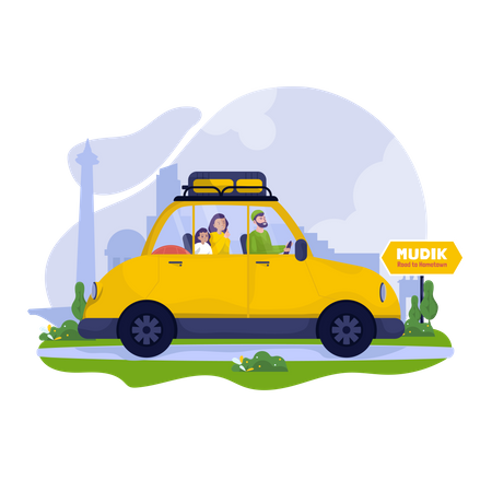 Muslim family traveling out of town by car Illustration